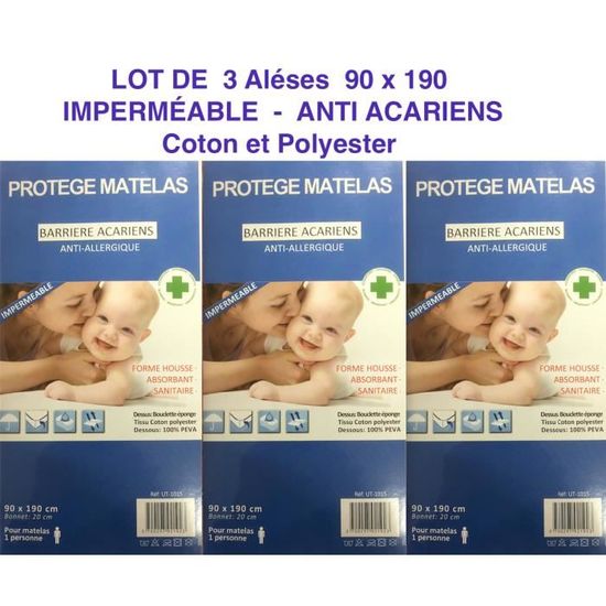 3 Alèses Protège matelas - Housse imperméable - Anti acariens - 90 x 190 cm
