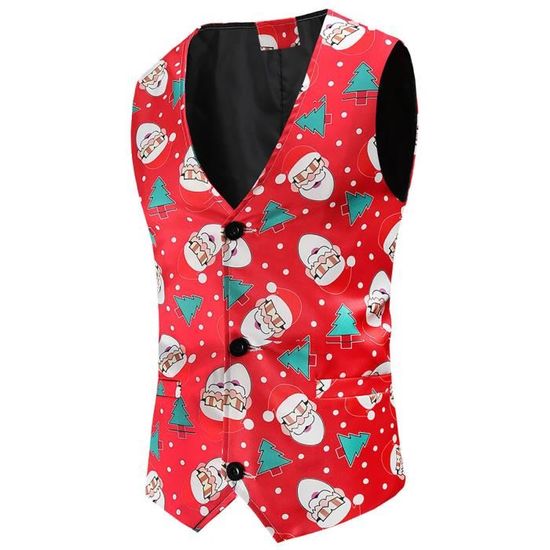 Gilet De Costume De Noël Pour Homme - Coupe Ajustée, Imprimé Festif, Col V Sans Manches