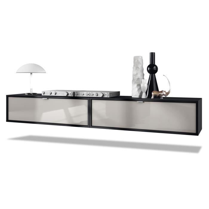 Ensemble de 2 set meuble TV Lana 100 murale lowboard 100 x 29 x 37 cm, caisson en noir, façades en Gris sable haute brillance