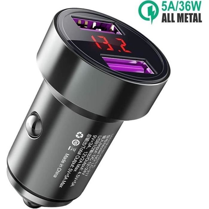 Chargeur Voiture Rapide, Double QC3.0 36W/5A en Métal Chargeur Allume Cigare Ultra Compact Affichage de la Tension Quick Charge