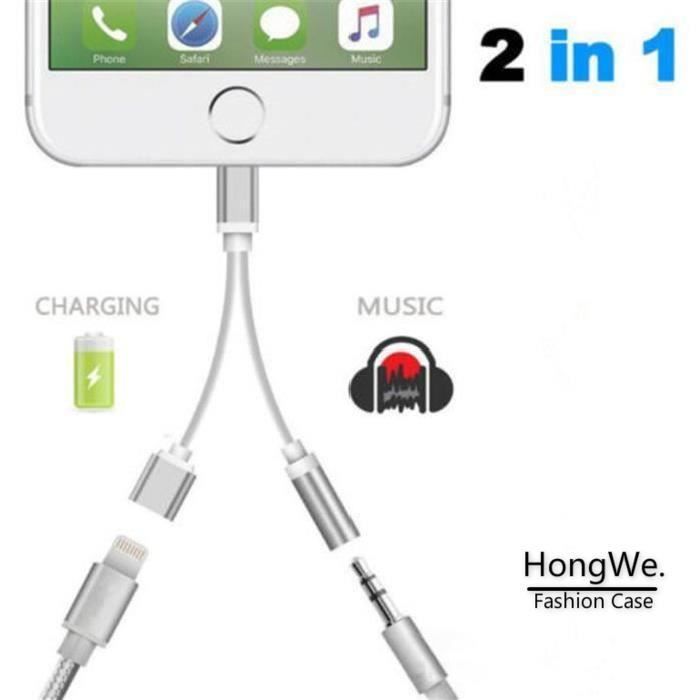 2 en 1 Câble Lightning Chargeur Adapteur avec Câble Jack Ecouteur Stéréo 3,5mm pour iPhone 7-7 plus 6s - 6 5s - 5 - SE iPad (Système