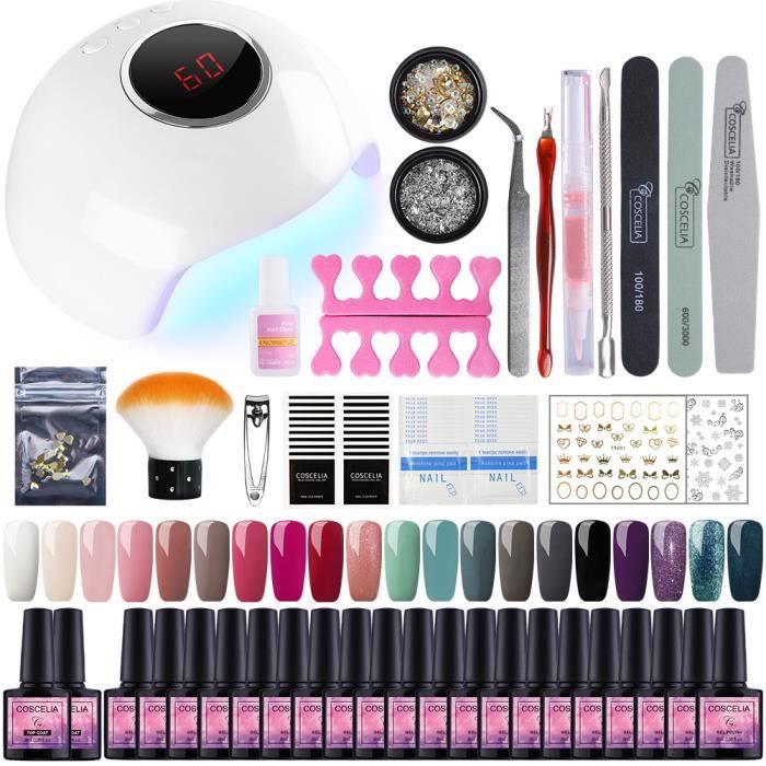 Coscelia Kit Manucure 20pc Vernis Gel Semi Permanent à Ongle 24W UV/LED Lampe Topcoat Basecoat Soak Off Polish Gel Accessoires