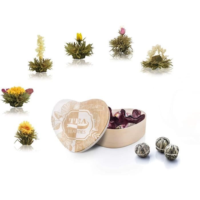 CREANO cadeau fleur de thé Fleurs de thé dans une boîte en bois en forme de cœur 6 variétés de thé blanc