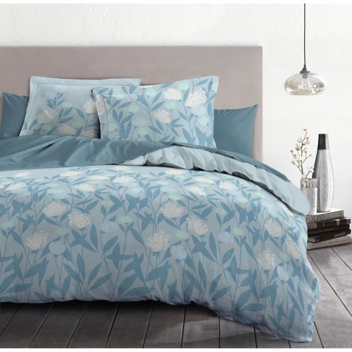 Housse de Couette 3 Pièces - 100% Coton 57 Fils - 2 Personnes 220x240 cm - TEMPETE FLORALE Bleu Blanc