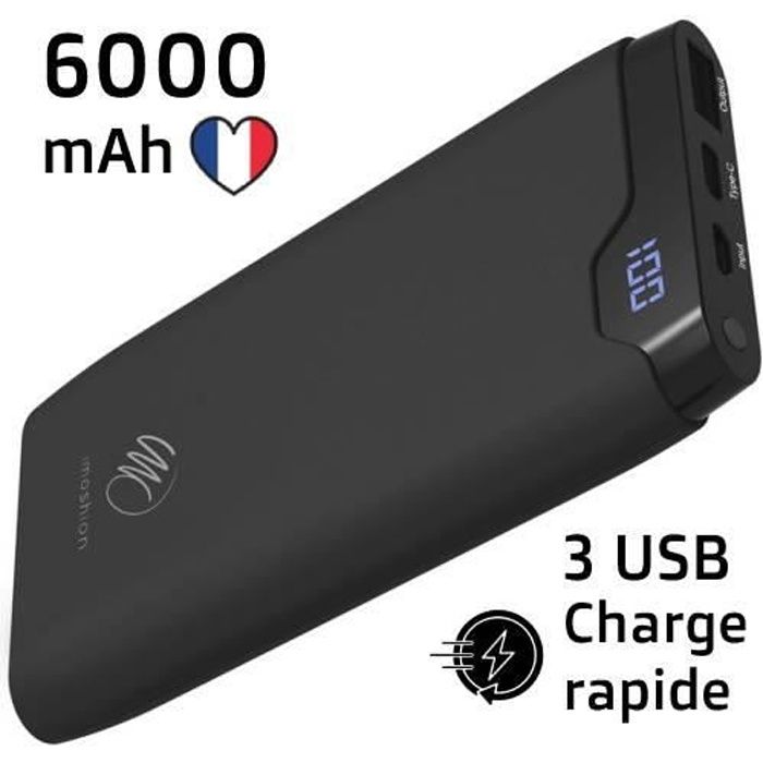 IMOSHION® Batterie Externe 6000mAh Recharge Rapide USB-C micro-USB USB-A Power Bank Noir