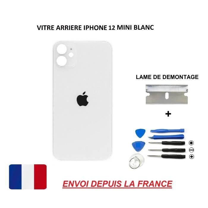 ITECHFRANCE® vitre arrière compatible IPHONE 12 MINI BLANC 5.4 qualité origine en verre, coque cache batterie double face Adhésif,LA