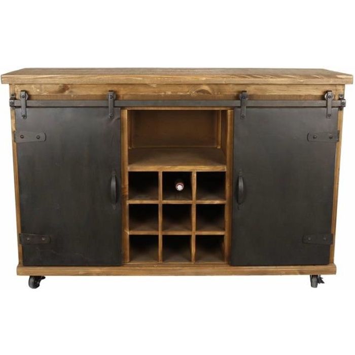 Bahut de Cuisine Meuble de Rangement Buffet Vinothèque Industriel en Acier et Bois 38x74x114cm 74 Marron - Noir