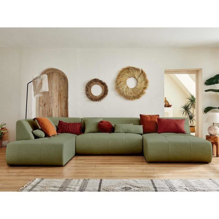 Canapé d'angle 7 places Tissu Design Panoramique Vert Promotion
