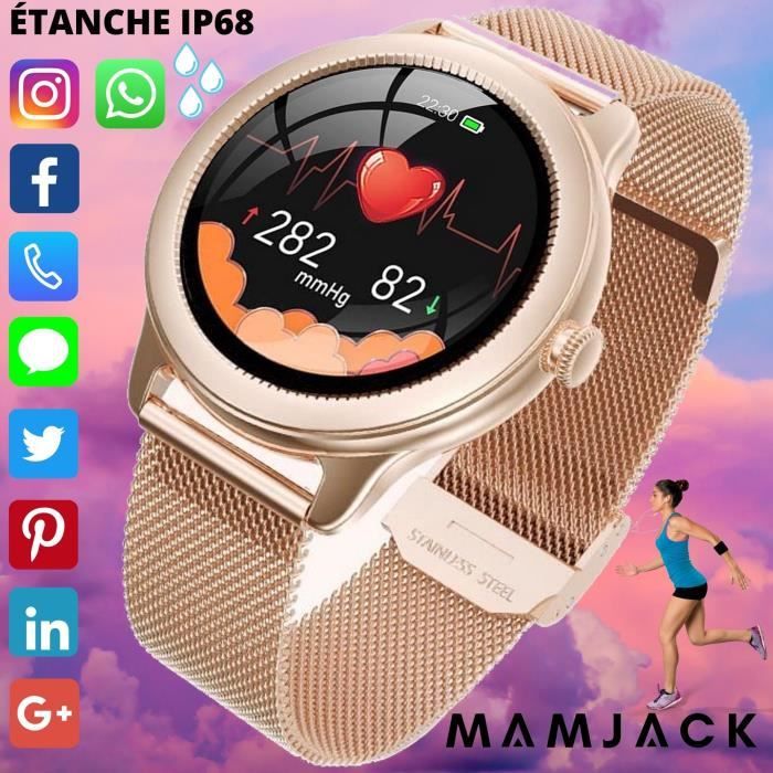 MAMJACK - Montre Connectée Femme Or Rose, Fréquence cardiaque, Tension artérielle, Oxymétrie, Bluetooth Smartwatch pour Android iOS