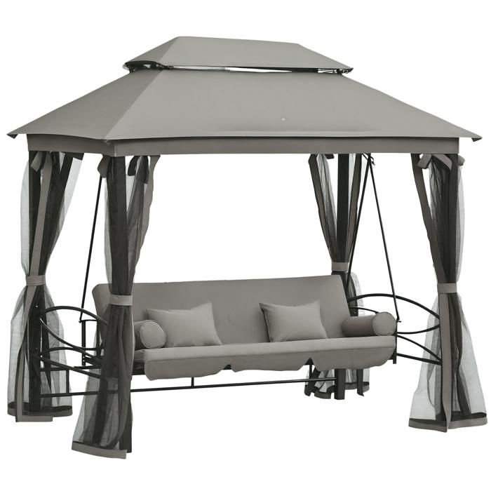 Balancelle de jardin 3 places convertible style colonial grand confort 5 coussins + matelas + moustiquaires inclus