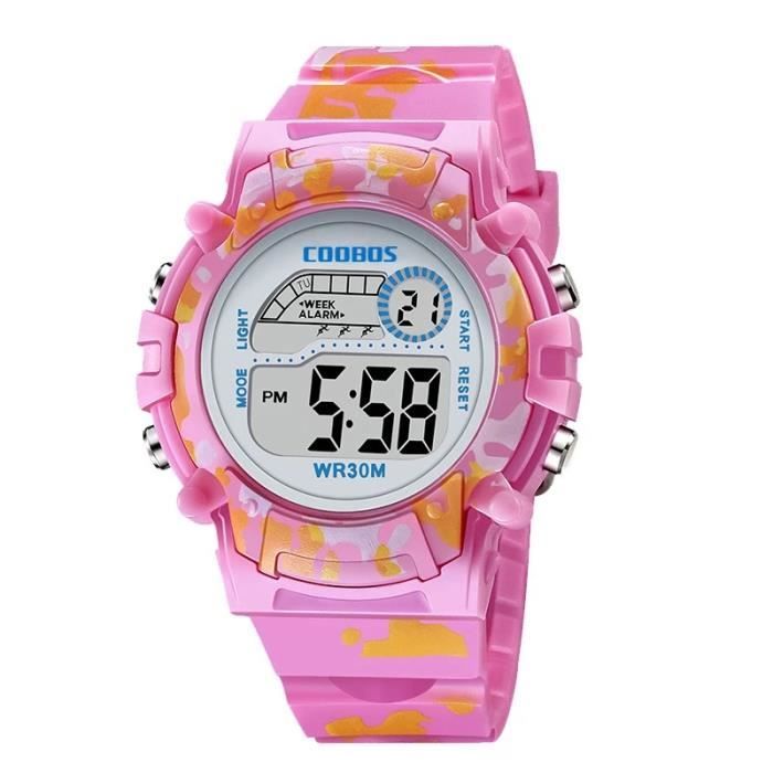 Sport Montre Enfant Fille LED Numérique Étanche Chronographe Clignotant Alarme Afficher Date Semaine Bracelet Rose