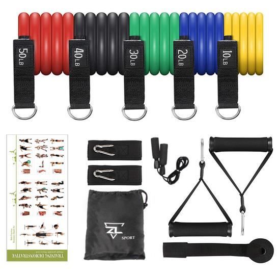 ZL SPORT Elastique Musculation 150Lb - Kit Elastique de Sport - Bandes de Résistance et ses accessoires + CORDE A SAUTER OFFERTE