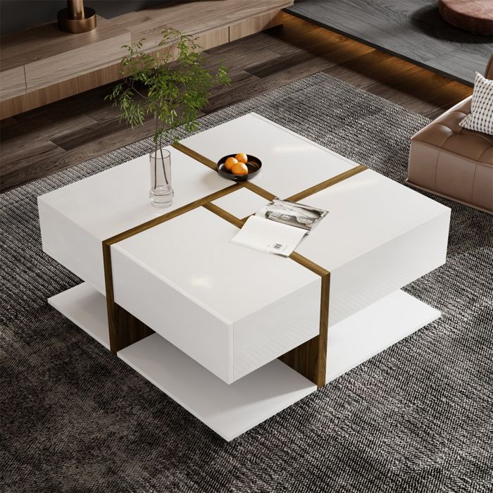 Table basse salon blanc brillant 4 tiroirs Rangement Design de lignes carrées Style moderne 78x78x34.8cm