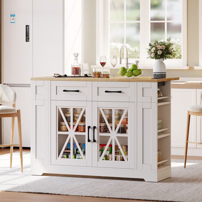Îlot de Cuisine Moderne avec Rangement Buffet de Cuisine Blanc avec Tiroirs Portes et Étagères Latérales Îlot de Cuisine Moderne avec Rangement Buffet de Cuisine Blanc avec Tiroirs Portes et Étagères Latérales