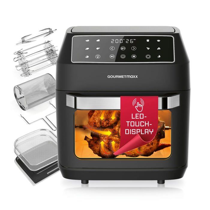 Air Fryer GOURMETmaxx de 12L Friteuse à air chaud avec 10 programmes Écran tactil minuterie et brochettes Mini four 1700 W - Gourmetmaxx