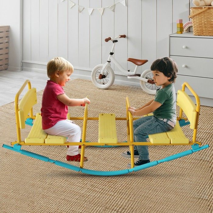 Balançoire à bascule 3 places enfants/adul 132.99x41.5x52cm pieds antidérapants - Jeu extérieur jardin/parc bleu/jaune