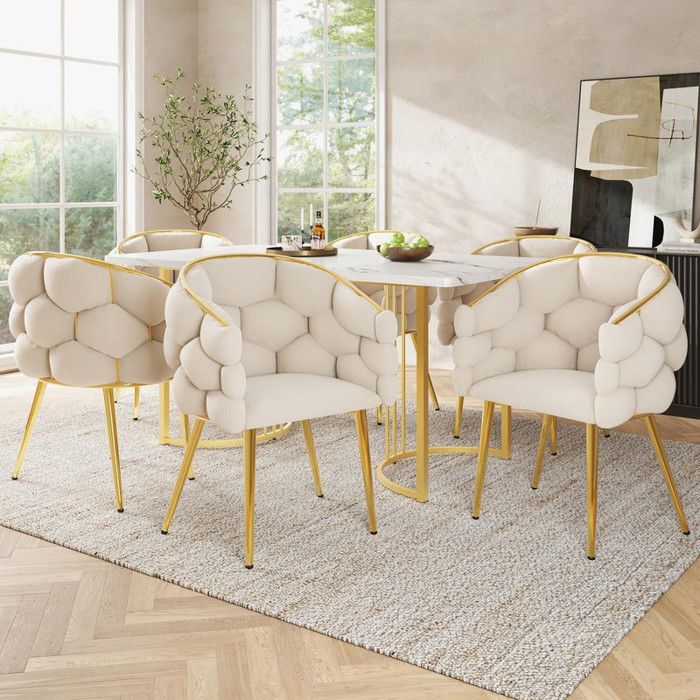 Lot de 6 chaises de salle à manger avec pieds en fer plaqué or Pour salle à manger salon cuisine velours Beige
