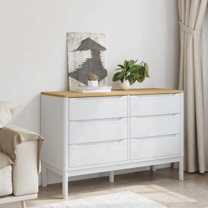 Commode en bois de pin massif - vidaXL - Blanc - 111x43x735 cm - 6 tiroirs - Capacité 30 kg - Gamme FLORO