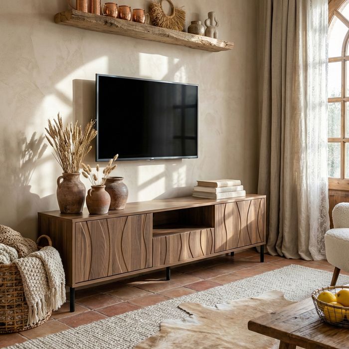 Meuble TV 160cm - 3 Portes à Motif Ondulé - Rangement avec Passe-Câbles - Style Moderne - Noyer