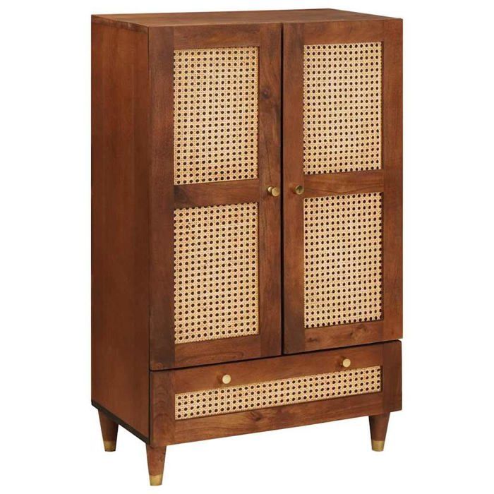 Buffet haut en rotin et bois de manguier - vidaXL - 60x33.5x100 cm - Marron - 2 tiroirs - Avec porte