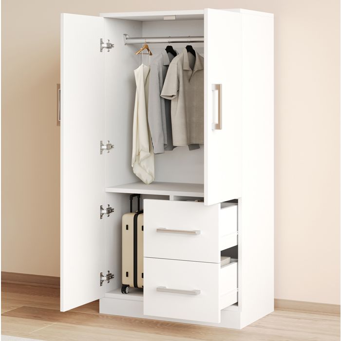 Armoire enfant double porte EVRYAE 70 x 40 x 135 cm avec 2 tiroirs et rangement blanc bois