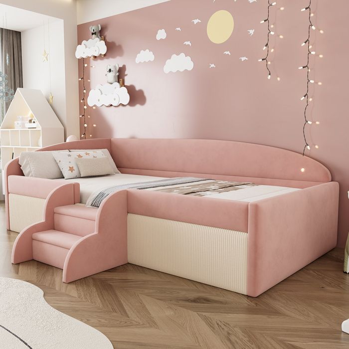 Lit enfant rembourré velours avec marches EVRYAE