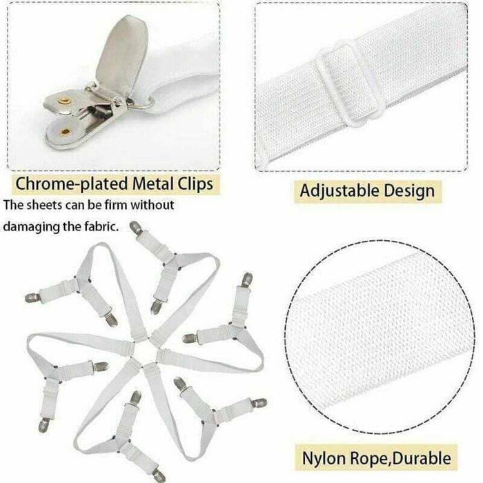 Tendeur drap housse réglable - MHY® - 3 voies - 6 côtés - Blanc - Longueur réglable - Métal chromé - Nylon