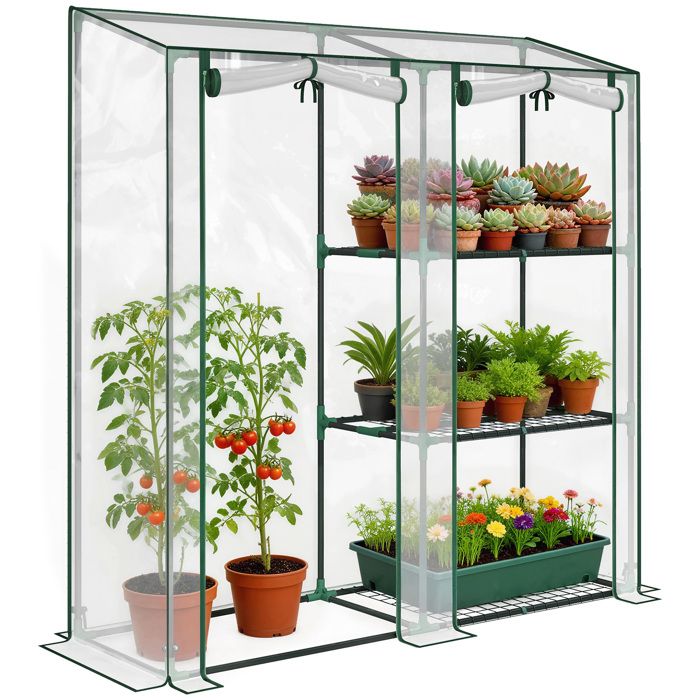 Serre de Jardin - Outsunny - 3 niveaux étagères - 2 portes enroulables - plastique - 143 x 45 x 151 cm - transparent