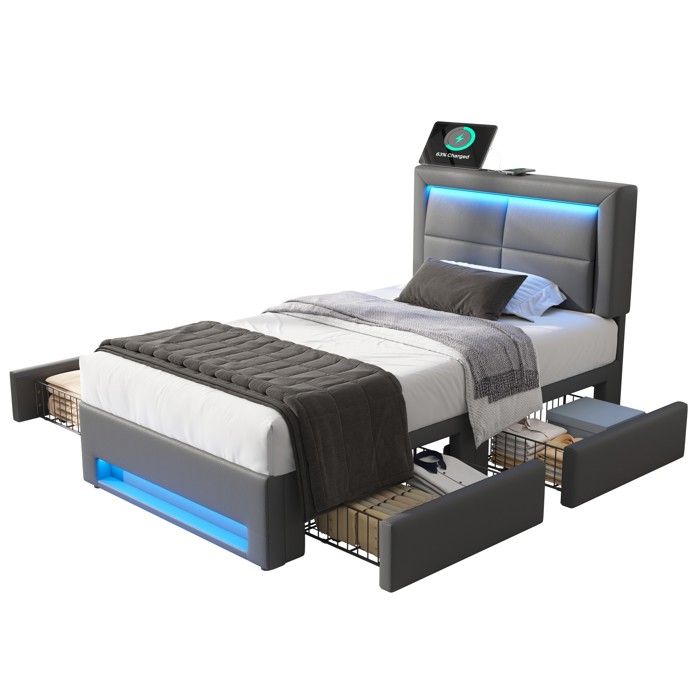 Lit Simple 90x190 cm - Lit avec Rangement et Tiroirs - Éclairage LED Télécommandé - Gris - Sans Matelas