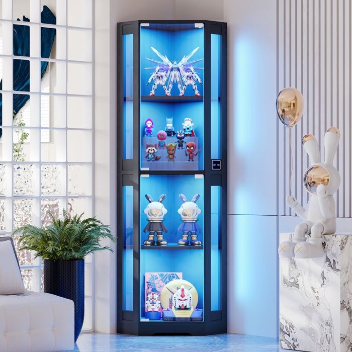 BROTTAR Vitrine d’Angle 4 Étagères LED 3 Couleurs Système Détecteur de Présence Humaine Noir Salon Salle de Jeux