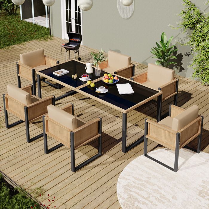 Ensemble table et chaises de jardin avec table à manger 6 fauteuils pour 6 personnes Rotin PE Noir + Marron clair