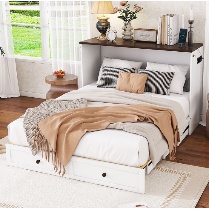Lit escamotable blanc 140×200 cm avec rangement intégré USB/prise structure solide montage nécessaire