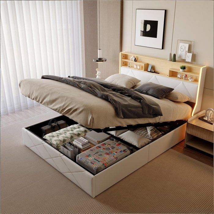 Lit capitonné 140×200 cm avec Tête de lit rangement bande LED ports de chargement USB lit coffre lit adulte lit ado PU Blanc