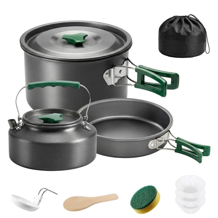 Kit de casseroles camping - Outsunny - 11 pcs avec sac de rangement et poignées anti-brûlures - aluminium - Ø19x10cm - gris