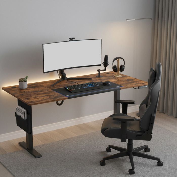 Bureau Réglable en Hauteur 180 x 80 cm Fonction Mémoire Port USB-C Marron et Noir
