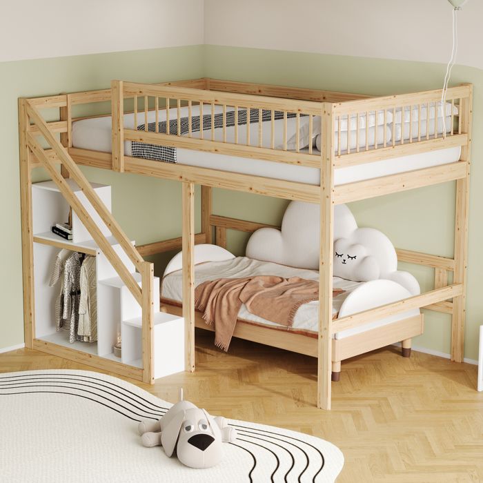 Lit mezzanine enfant 2 places 140×200 cm avec escalier de rangement et barrière haute - YEAVIO - sans matelas bois naturel