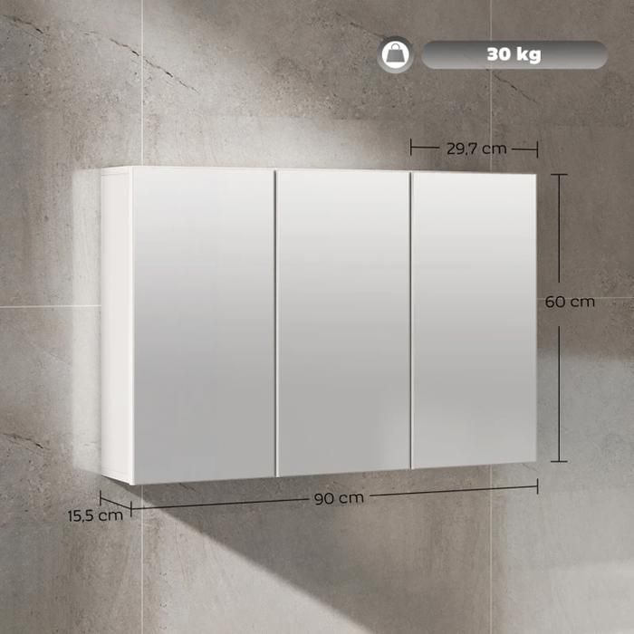 Armoire de salle de bain avec miroir à 3 portes miroir fixée au mur 90 x 155 x 60 cm panneaux de particules blanc