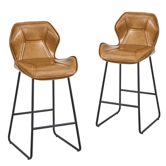 Tabouret de Bar en Similicuir- Lot de 2-Siège Rembourré-Chaise Haute Cuisine-avec Dossier-Pieds en Métal-avec Repose-Pieds-Marron