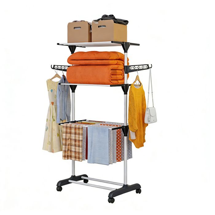 Séchoir à Linge Pliable Séchage Efficace avec 3 Niveaux 2 Ailes latérales et Montage Facile Peu encombrant Mobile