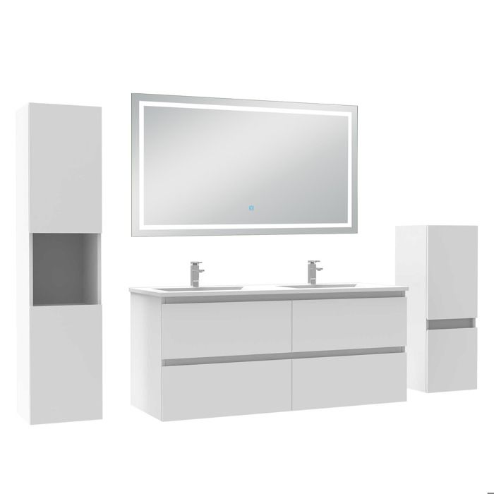AICA Meuble de salle de bain 120 cm blanc mat avec vasque 2 colonnes miroir LED 6000K dimmable fonction mémoire AICA Meuble de salle de bain 120 cm blanc mat avec vasque 2 colonnes miroir LED 6000K dimmable fonction mémoire