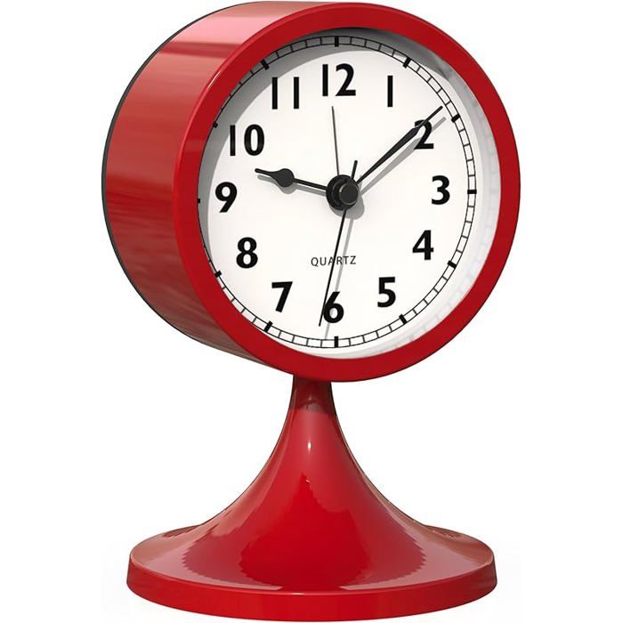 3-inch analog silent alarm clock small retro metal battery-powered clock with light for bedroom living room red