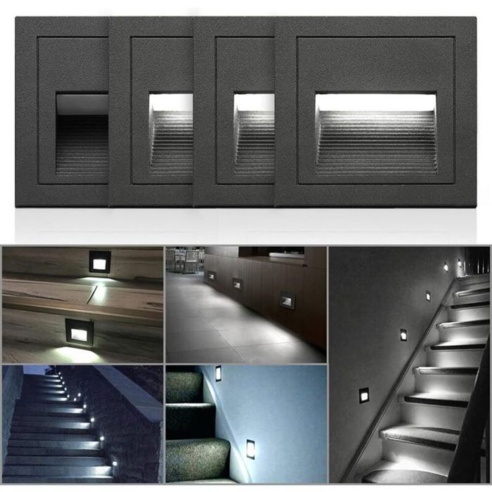 Ensemble 4 appliques encastrées murales LED carré blanc froid IP65 aluminium pour escalier boîtier noir