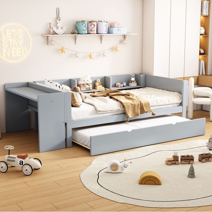 Lit combiné enfant 90 × 200 cm avec bureau lit gigogne et 3 étagères sans matelas pin et MDF gris - UVRION