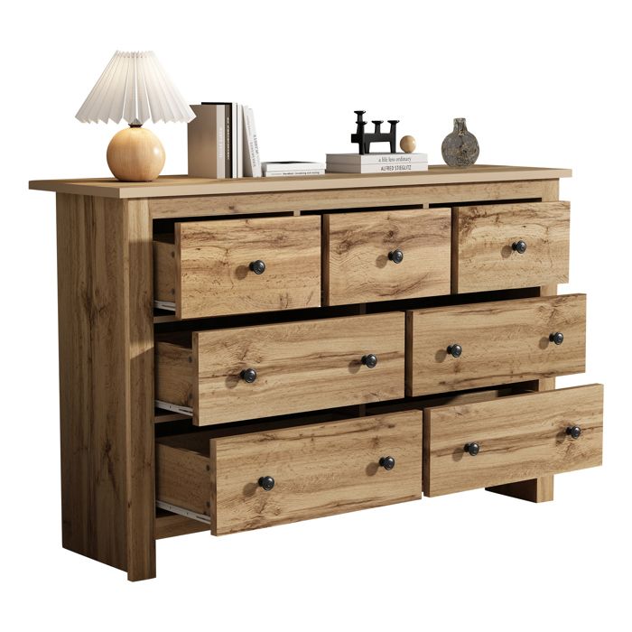 ULEVR buffet bas rectangulaire avec 7 tiroirs 152 x 40 cm - grand rangement style campagne moderne bois