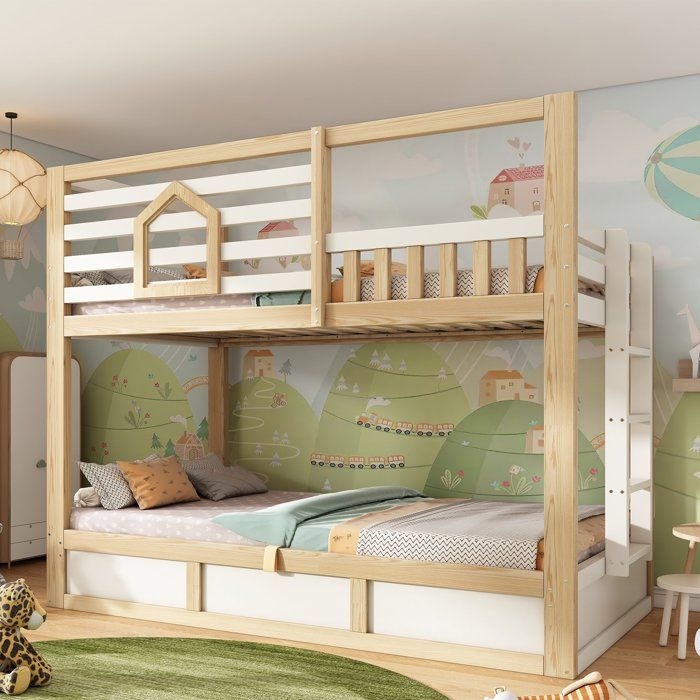 Lit Superposé Cabane Enfant 90x200 cm avec 2 Places Coffre Hydraulique Échelle Droite et Barrières - Blanc et Bois Naturel