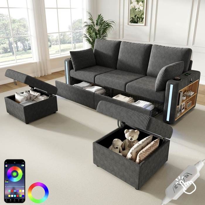Canapé dangle modulable U/L 190 x 130 x 85 cm avec 2 poufs coffre 2 tiroirs LED avec appli et USB-C velours côtelé Gris