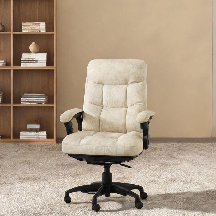 Fauteuil de bureau chauffant et massant en velours beige neutre inclinaison 135° repose-pieds rétractable