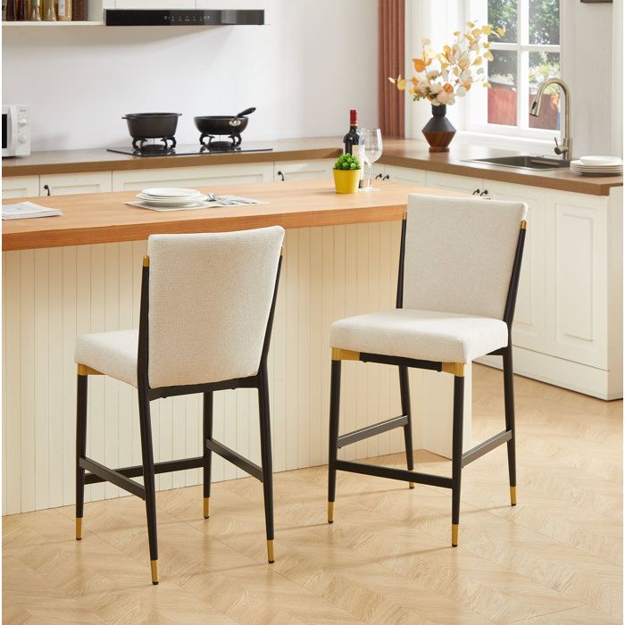 Tabouret de Bar Lot de 2 Hauteur de Comptoir avec Dossier Repose-pieds Rectangulaire Tissu Beige 49 × 59 × 102 cm