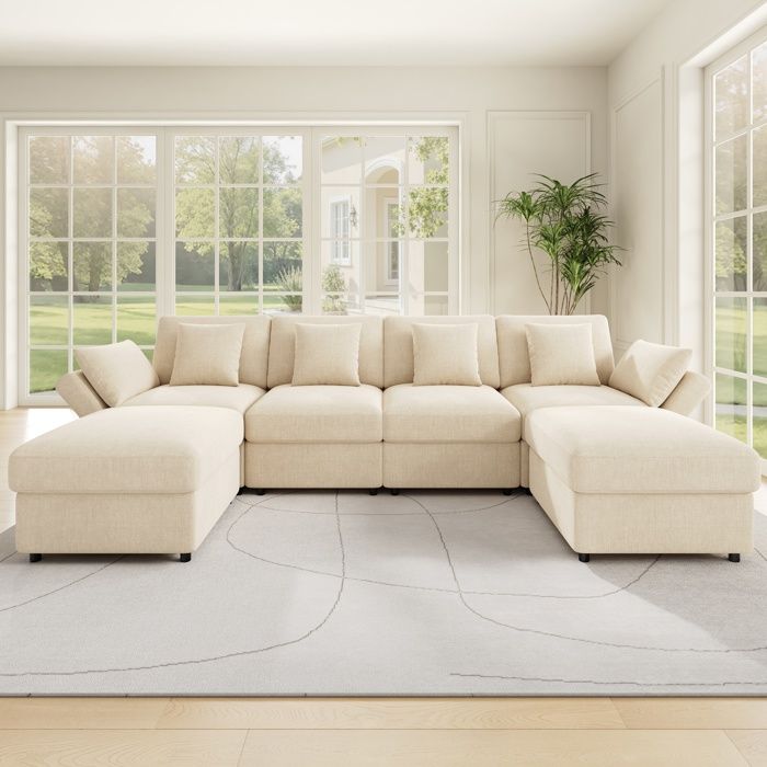 Canapé dangle modulable - SOGEU - N653P828384GA - Chenille beige - Pouf mobile & table intégrée - Convertible couchage
