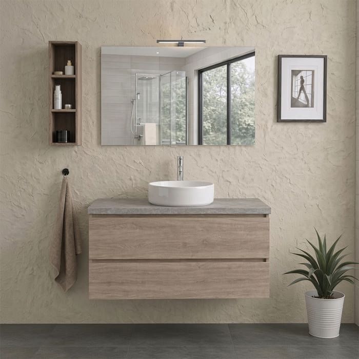 Meuble salle de bain suspendu 100 cm chêne 2 tiroirs plan béton et miroir 100x60 avec lampe Berlin Meuble salle de bain suspendu 100 cm chêne 2 tiroirs plan béton et miroir 100x60 avec lampe Berlin
